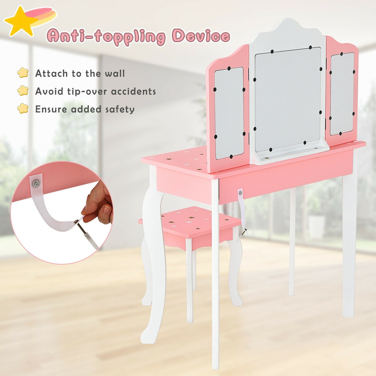 Kids Vanity Princess Makeup Dressing Table Chair Set with Tri-folding Mirror
